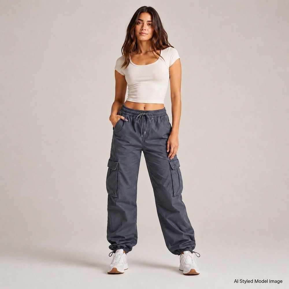 Aerie Women's S Cargo Pants Gray Cotton Drawstring Elastic Waist Utility Casual